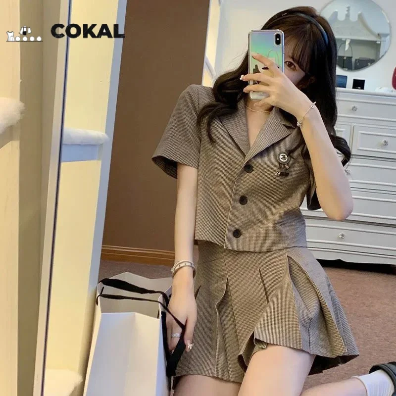 Short plaid small suit jacket female summer new spice girls pleated half skirt set Korean two-piece work clothes