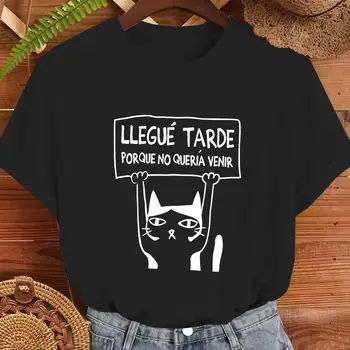 Women's Casual Short Sleeve T-Shirt Cute Minimalist Cat Graphic with Spanish Quote Print Black Stretch Round Neck Spring Summer 1