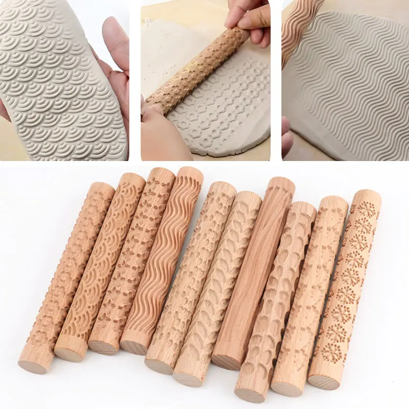 

Wooden Texture Mud Pressed Roller Pattern Roller Rod Embossed Polymer Clay Rolling Pin Ceramic Pottery Art