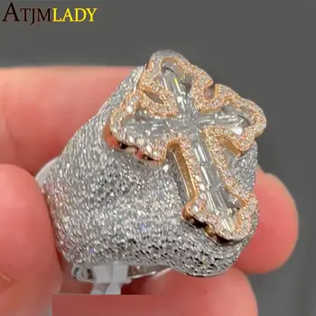 Two Tone Color Cross Finger Ring Iced Out Bling 5A Cubic Zircon Prong Setting Fashion Luxulry Men Hip Hop Finger Jewelry 1