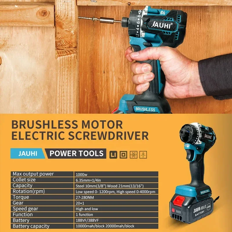 JAUHI 충전식 무선 전기 드릴 스크루 드라이버, Makita 18v 배터리용, 20 + 1 토크, 280N.m