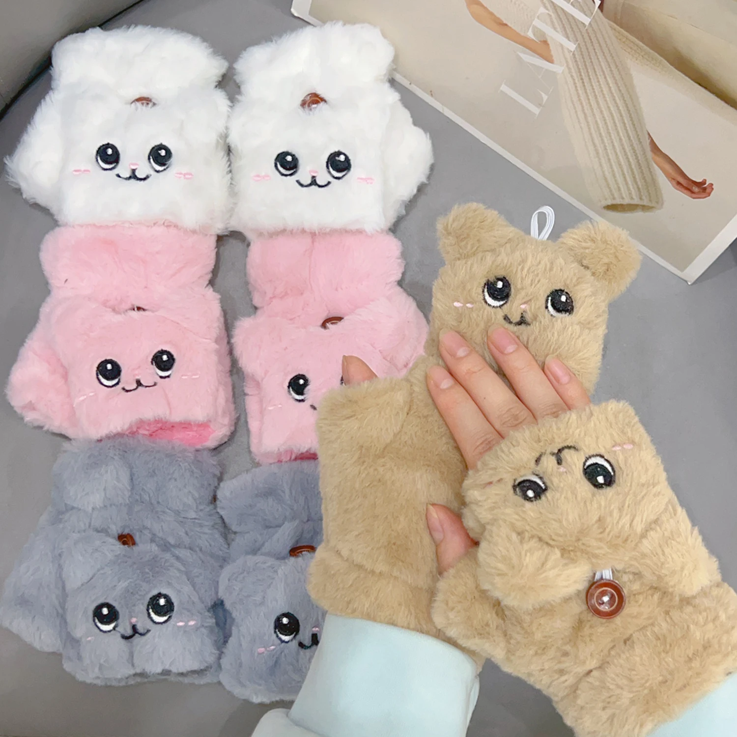 Kawaii Animals Fur Mittens Winter Warm Gloves for Children Kids Ear Flip Mitten Plush Glove Fingerless Thicken Glove Finger Gift