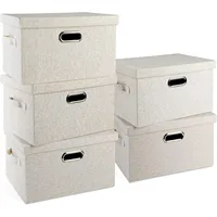 Medium 15" 21 Quart Collapsible Stackable Storage Bins w/ Lids, 5 Packs Beige Foldable Fabric Closet Boxes Lidded Linen 1