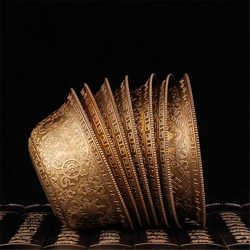 Buddhist supplies exquisite carved copper patina beautifully carved eight auspicious water holy cups Buddha 7pcs/set free ship 6