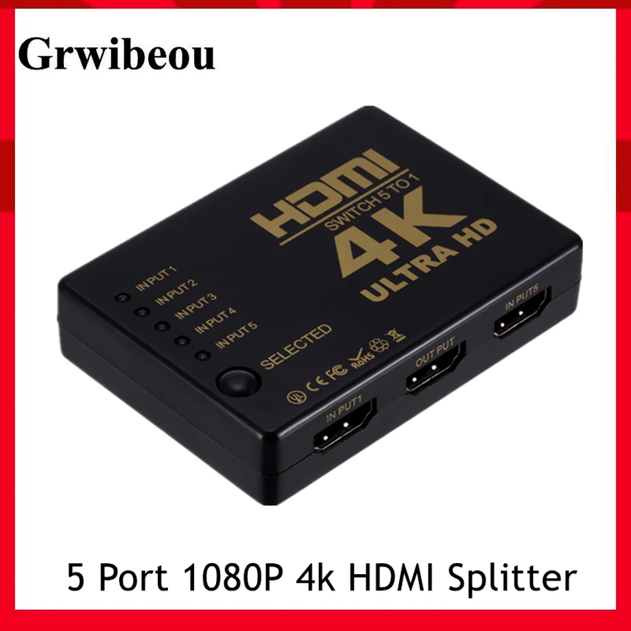

Grwibeou 5 Port HDMI Switch 3D 1080P 4k Selector Splitter Hub with IR Remote Controller for HDTV DVD BOX HDMI Switcher 5 In1 Out