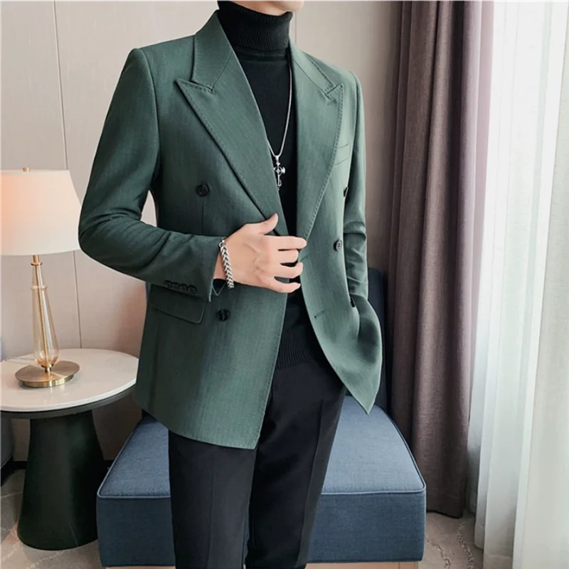Men Suits Jackets Classic Luxury Striped Men Suit Jacket Fashion Double Breasted Business Office Wedding Tuxedos Male Slim Fit Blazer