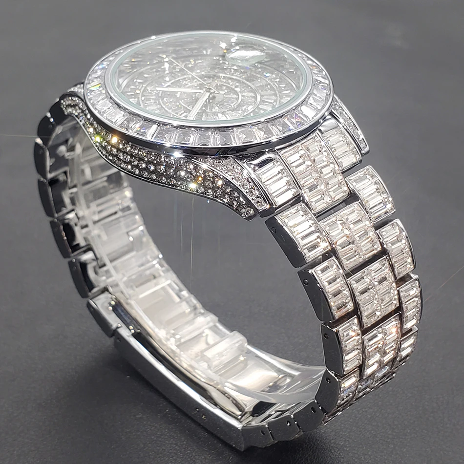 MISSFOX Ice Out Watches For Men Luxury Handmade Mosaic Diamond Silver