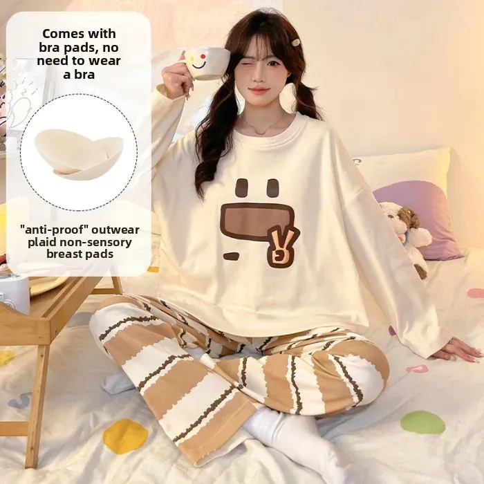 ملابس نوم نسائية قطنية محاكاة طويلة الأكمام طقم سراويل طويلة مع وسادة الصدر ملابس منزلية حلوة كرتونية نمط جديد للخريف