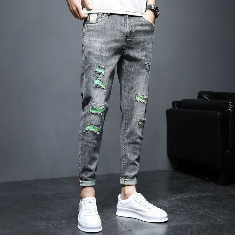 

Trousers Cropped Jeans for Men Tight Pipe Elastic Male Cowboy Pants with Holes Ripped Torn Broken Stretch Slim Fit Skinny Denim