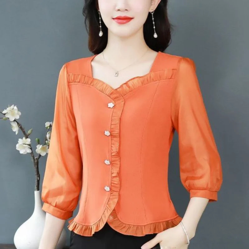 2024 Summer New Women's Solid Color V-Neck Button Pullovers Fashion Slim 3/4 Sleeve Commuter Wood Ear Patchwork Short Shirt Top