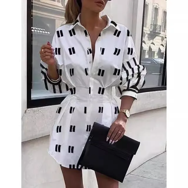 

Women's New Fashion Print Waistband Shirt Lantern Sleeve Shirt Commuter Versatile Loose fit
