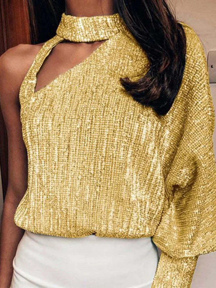 Sexy Solid Silver Glitter Blouse for Women Off one Shoulder Sequin Shirt Autumn Winter Ladies Long Sleeve Party Shirt