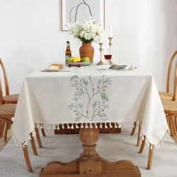 Rustic Coffee Leaves Pattern Waterproof Tablecloth - Cotton Linen Rectangle for Kitchen and Living Room Decor (Green flower)