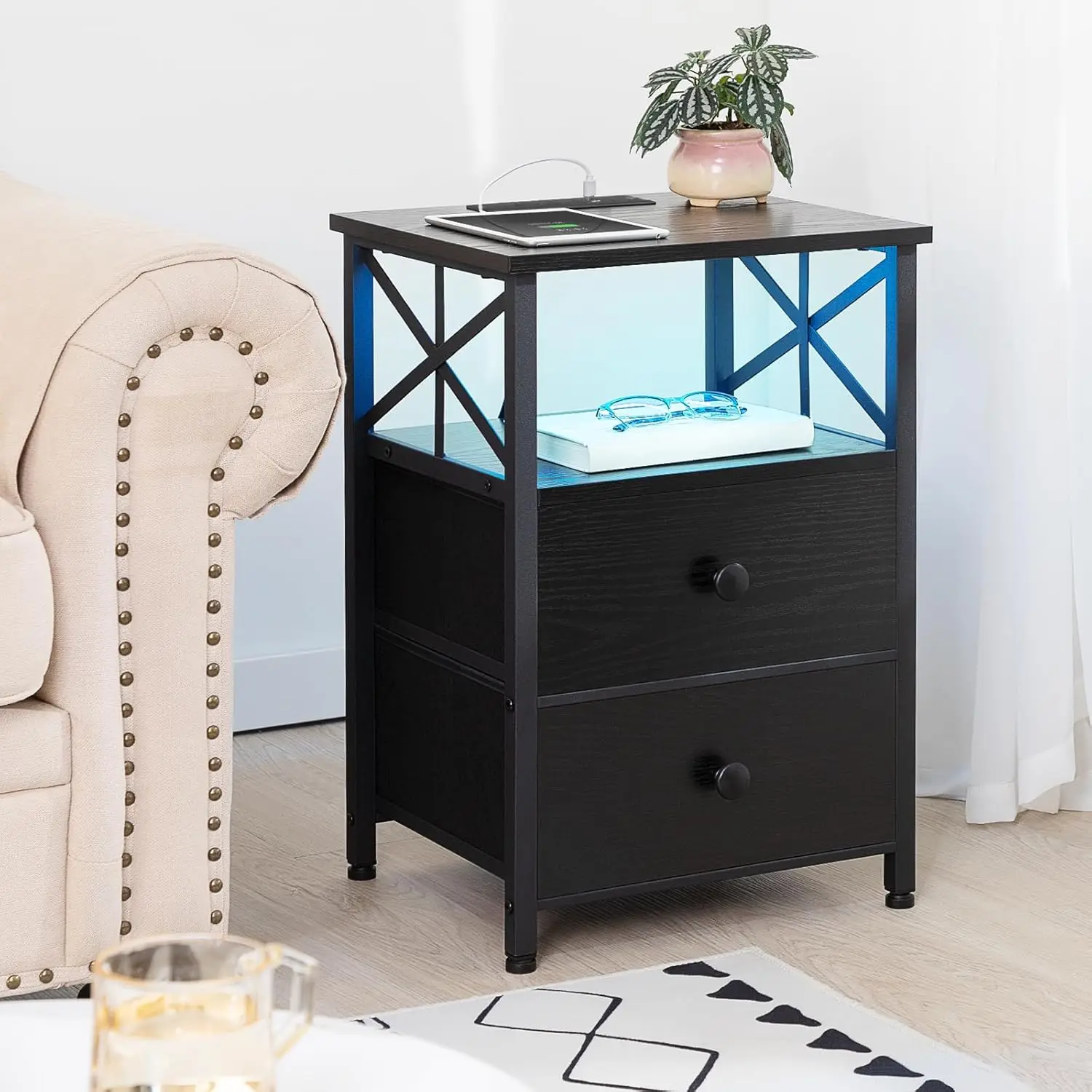 Night Stand Set 2, LED Nightstands for Bedroom Set of 2 with Charging Station, End Table with USB Port and Outlet, Si