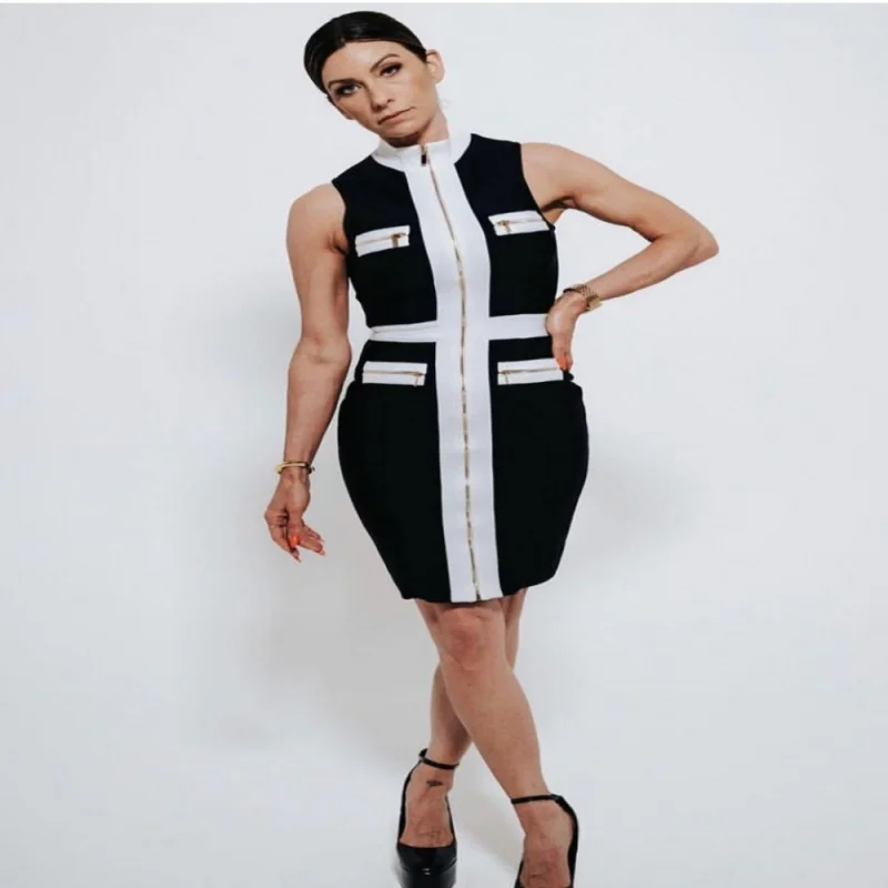 

Cross-Border New Product Best-Selling Bandage Dress European and American Fashion Elegant Black and White Stitching Ol Dress