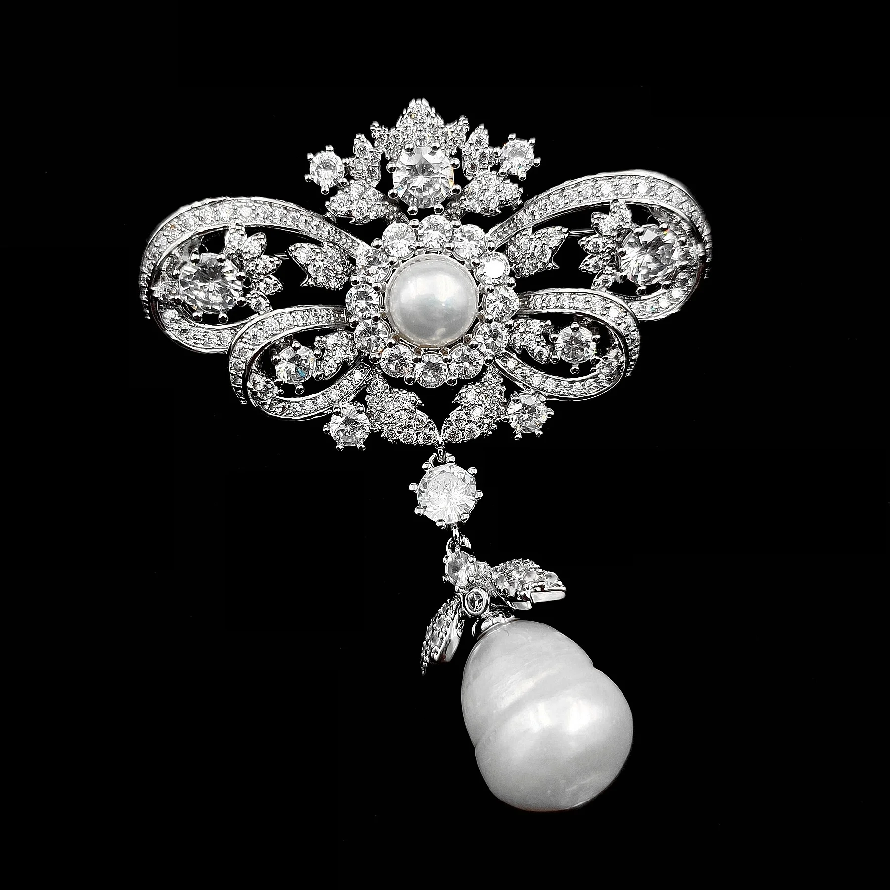 Queen Vintage Silver Tone Double Ribbon Bow & Imitated Baroque Pearl Drop Brooches Pins Edwardian Wedding Bridal Guest Accessory