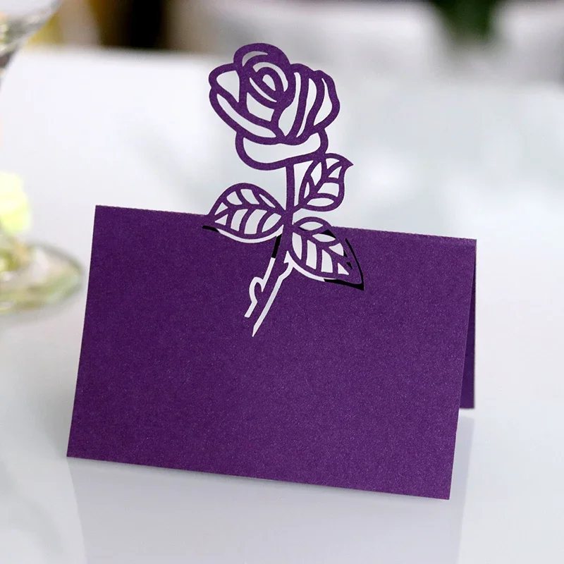 50 Pcs/Set Rose Flower Hollow Pattern Place Card Wedding Decoration Table Numbers Name Fold Card Birthday Party DIY Supplies