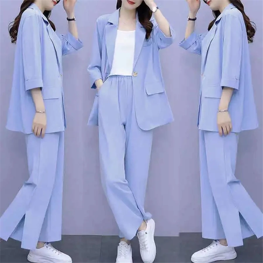 women's short suit set Oversized 4XL Baggy 2 Piece Set Women Three Quarter Sleeves Unlined Blazer Coat Business Straight Splited Fork Suit Pant Outfit women's warm up suits