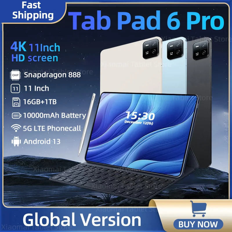 글로벌 버전 오리지널 태블릿 PC, 안드로이드 13 패드 6 프로, 스냅드래곤 888 RAM, 16GB + ROM, 1TB, 5G 듀얼 SIM 카드, 10000mAh HD, 4K Mi Tab