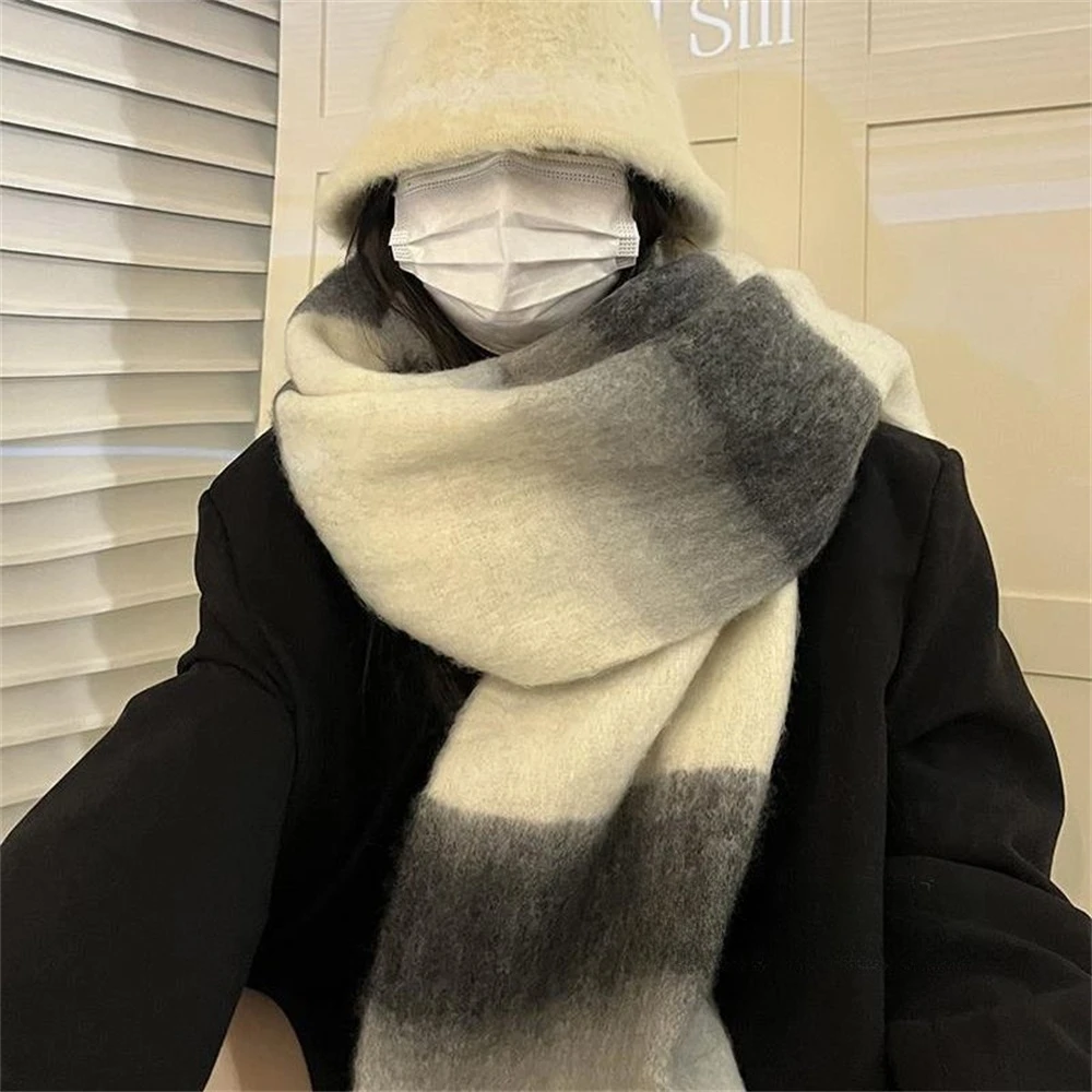 Luxury Mohair Scarf Winter Plaid Imitation Cashmere Scarves Shawl Women's Thicken Geometry Neckerchief Designer Bufanda Invierno 3