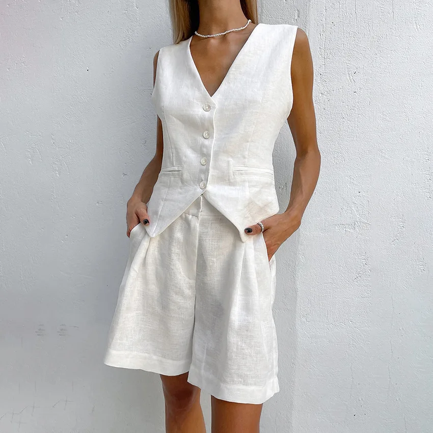 

Women Elegant Sleeveless Single Breasted Top Linen Waistcoat Shorts Sets Two Piece Set Womens 2023 Summer Lady Tank Set Casuals