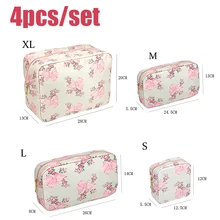 4 개/대 S M L XL 메이크업 가방 핑크 Bule 인쇄 된 활 세면 용품 파우치 방수 여성 스토리지 나일론 여행 메이크업 가방 주최자