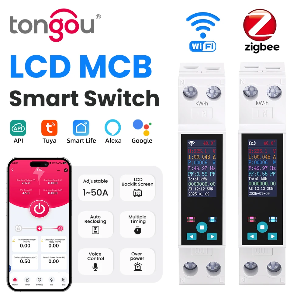 TONGOU WIFI/Zigbee LCD Display 1-50A adjustable Smart Circuit Breaker MCB Switch Energy Meter Timer Works with Tuya Smart Life