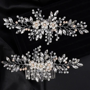 Trendy Silver Pearl Floral Rhinestone Bridal Hair Comb and Headband Women Wedding Head Jewelry Accessories Handmade Headpieces