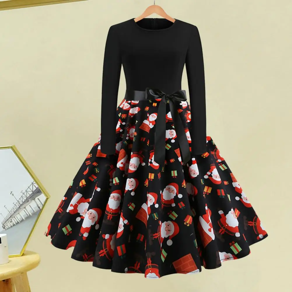 

Women Chirstmas Dress Santa Claus Print Big Swing Lady Party Dress Cartoon Round Neck A-line Long Sleeve Mid Waist Xmas Dress