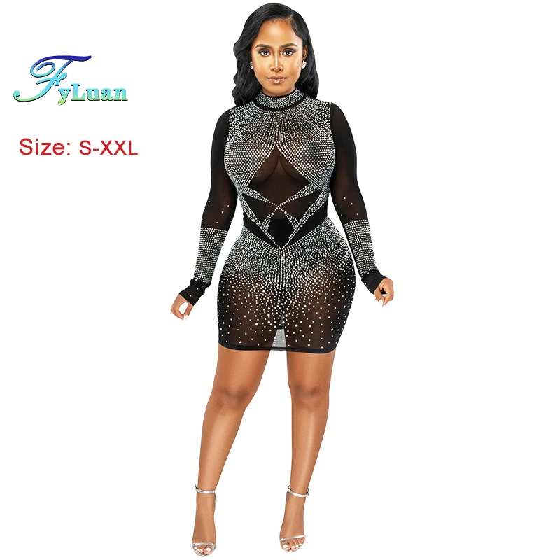 قائمة جديدة المرأة فستان قصير شبكة منظور طويلة الأ...