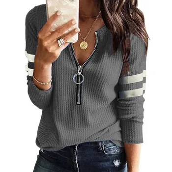 New Spring Fall Stripe Big Zipper Retro Sweater Long Sleeve Sweater Fashion Loose Pullover Womens Winter Sweaters Warm T-shirt 6
