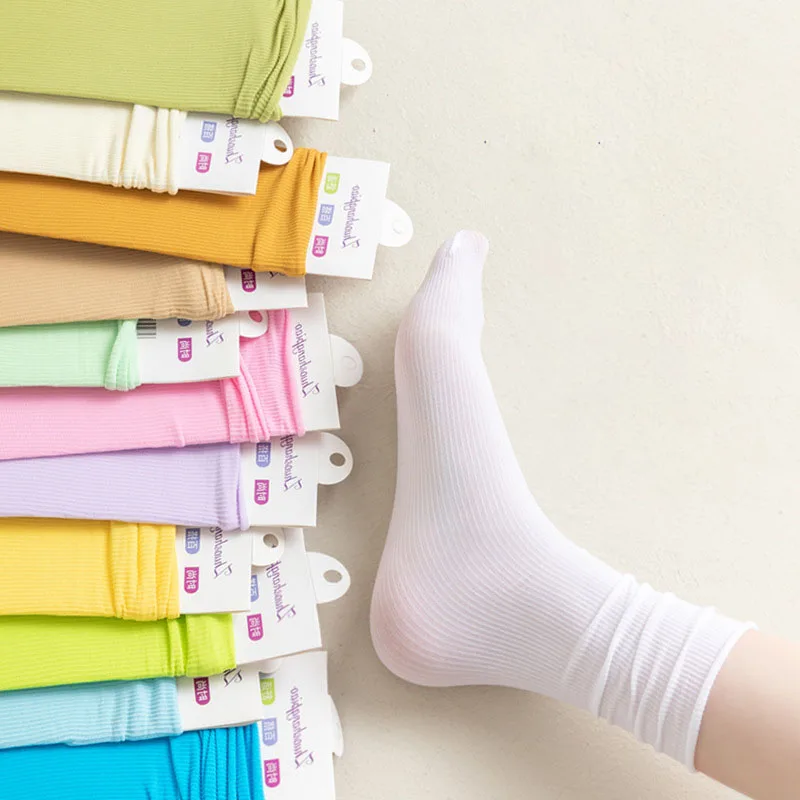 Multicolor Solid Color Ice Silk Velvet Mid Tube Socks Women Summer Soft Thin Rolled Edge Crew Socks Japanese Casual Long