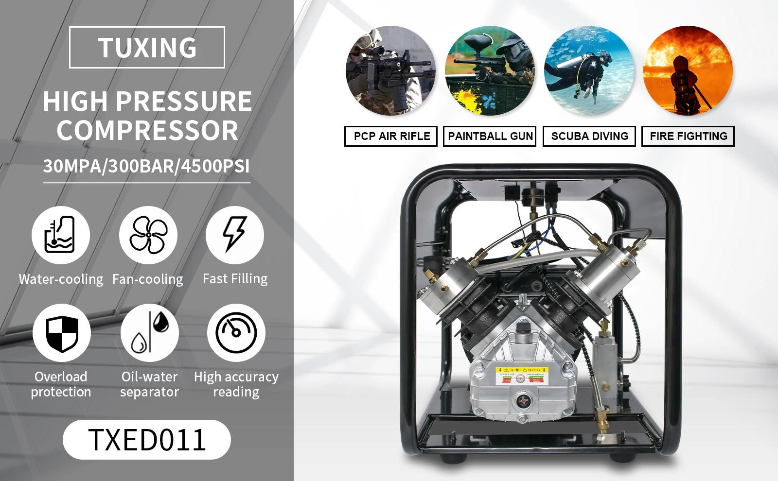 TUXING Pcp Air Compressor,4500Psi/30Mpa/300Bar Scuba Compressor, High  Pressure Electric Compressor with Water/Fan Dual Cooling System for Pcp Air