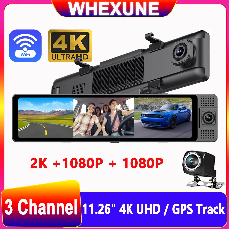 

WHEXUNE Car DVR Dash Cam 4K 5Ghz WiFi Rearview Mirror 3 Camera Front/Cabin/Rear Cam GPS Tracker Night Vision 24h Parking Monitor