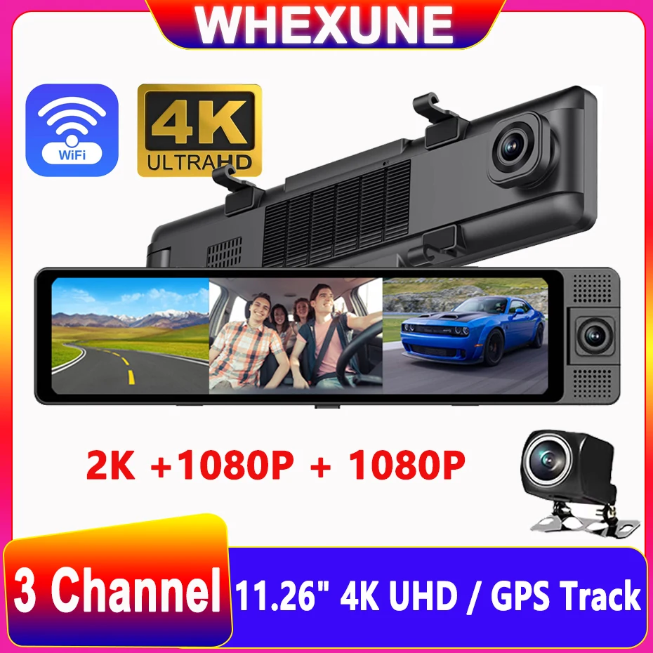 Whexune Car Dvr Dash Cam 4K 5Ghz Wifi Specchietto Retrovisore 3 Fotocamera Anteriore/Cabina/Posteriore Cam Gps Tracker Visione Notturna 24H Monitor Di