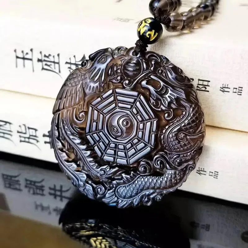 

Carved Dragon Phoenix Pendant Natural Ice Obsidian Bagua Necklace Fashion Charm Jewelry Accessories Amulet Gifts for Women Men