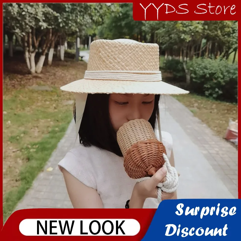 Girls' Solid Color Straw Hat Beach Panama Sunscreen Hat Ring Top Cotton Rope Decorative Wide-brimmed Raffia Straw Hat