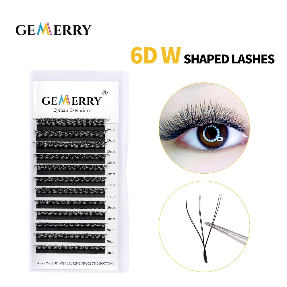 Gemerry 6D W Shape Eyelash Extensions Two Tips Premade Volume Fans Soft Faux Eyelashes Natural Light Individual Lashes Clusters two core 3d w shape eyelash extension premade fairy volume fans lashes bloom natural soft false eyelashes individual lashes