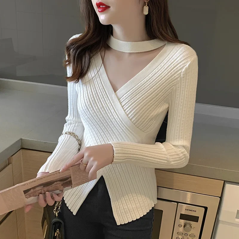 

Halterneck V-neck Cross Knitted Bottoming Shirt Fashion Irregular Slim Long-sleeved Pullover Tops Autumn Solid Sweater for Women