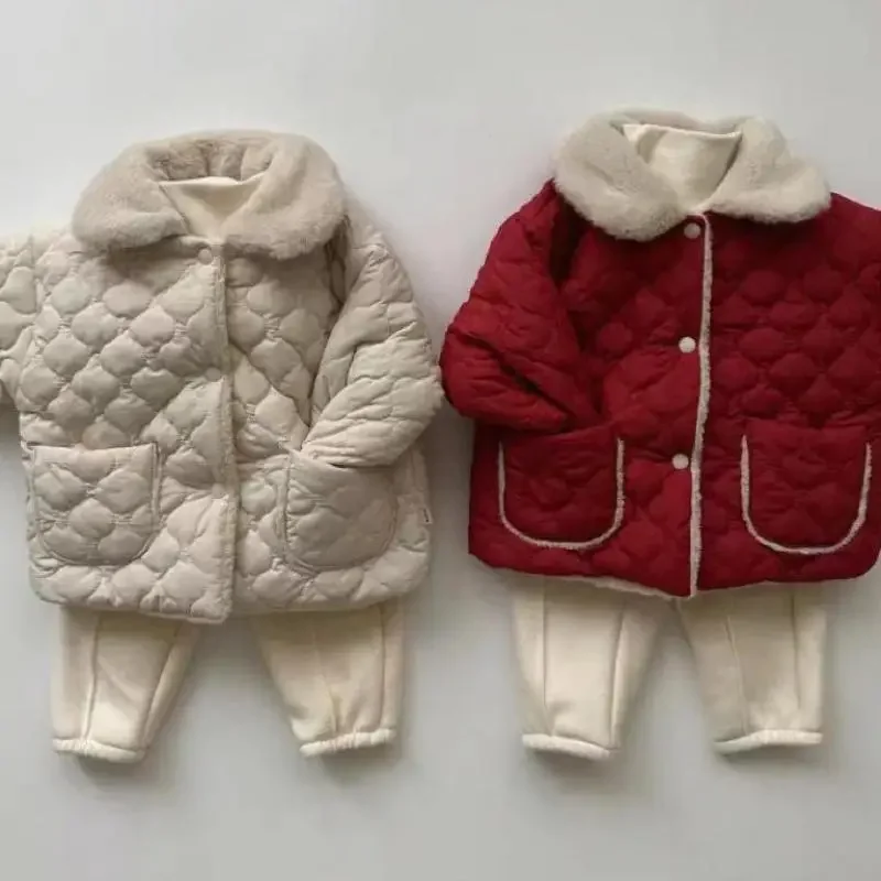 Autumn Winter Ins Children Plus Velvet Thicken Cotton Coat Girl Baby Fashion Solid Lapel Tops Kid Boy Fleece Warm Casual Jacket