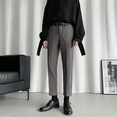 thumbnail image 1 of Pantalones de traje rectos fluidos 9 recortados para hombre Pantalones de verano drapeados para hombre Nuevos pantalones de hombre chinos Ropa formal de primavera 2024 en adelante, 1 of 5