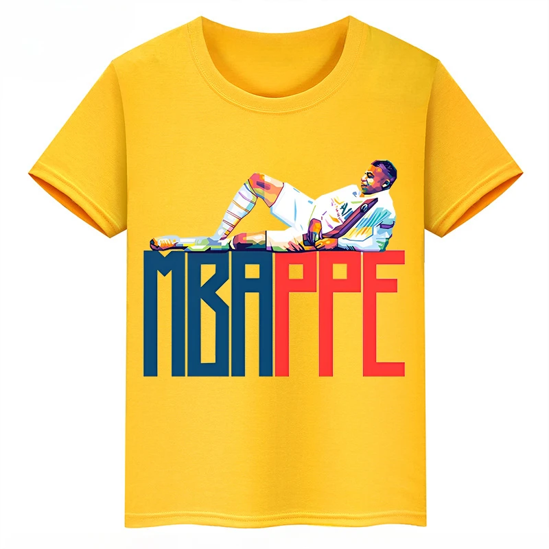 thumbnail image 1 of Camiseta deportiva de algodón amarilla de manga corta de verano para niños y niñas con estampado de avatar de Mbappé, 1 of 5