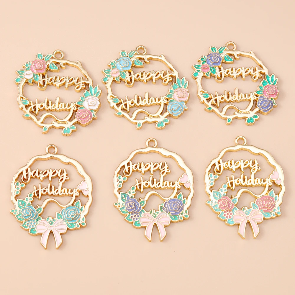 Leslie 10 Stück goldfarbene Blumen-Rosen-Anhänger „Happy Holiday“ für DIY-Anhänger, Armbänder, Halsketten, handgefertigte Schmuckherstellung
