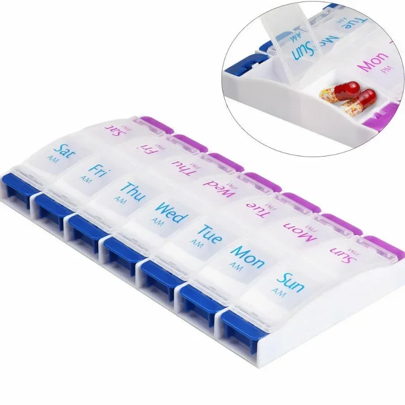 Home Travel Weekly 7 Days Pill Box 14 Compartments Pill Organizer Plastic Medicine Storage Dispenser Cutter Drug Cases