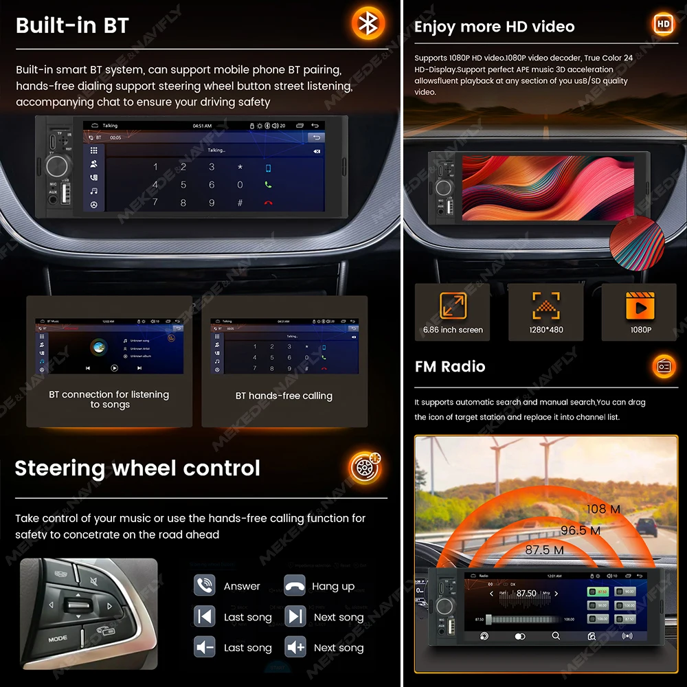 MEKEDE OD8 Reproductor de radio estéreo para coche MP5 universal de 6,86 pulgadas con CarPlay inalámbrico, Android Auto, pantalla táctil IPS de 1280×480, navegación GPS, Bluetooth, FM, MIC, AUX, USB tipo C y ranura para tarjeta TF – Sistema de vídeo multimedia para coche 6