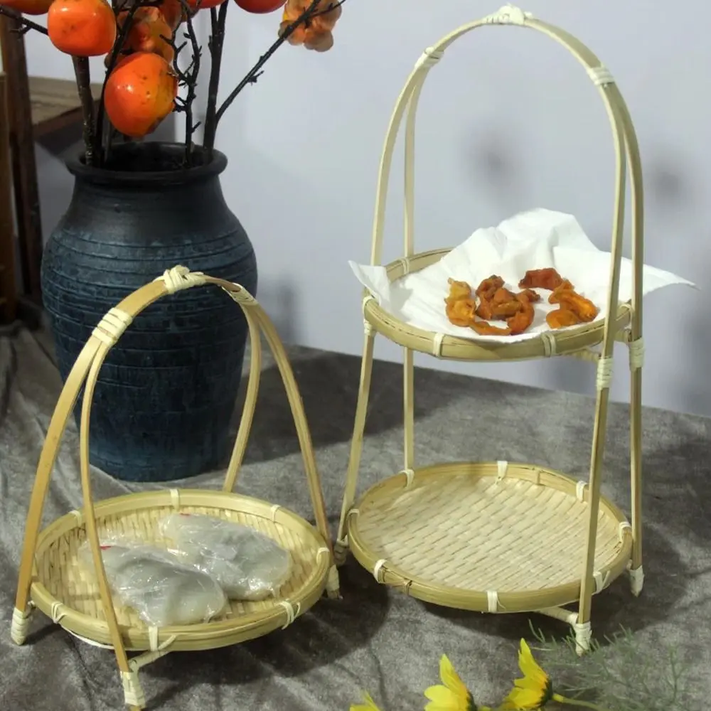 Fruit Tray 1/2/3 Tier Bamboo Weaving Baskets Round Weave Snack Display Stand Elegant Handcrafted Storage Baskets Pastries 5
