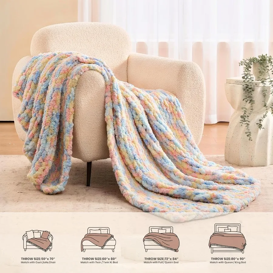 Chunky Knit Blanket Throw: 60''x80'' Chenille Chunky Knitted Throw Blankets for Twin Bed Couch Handmade Thick Cable Knit Blanke