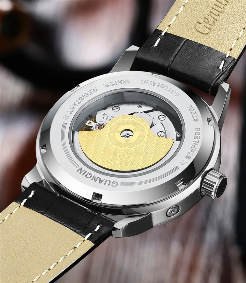 GUANQIN Reloj de pulsera mecánico de cuero luminoso con cristal de zafiro y fase lunar para hombre, relojes deportivos, reloj de pulsera automático multifunción_voghion.com