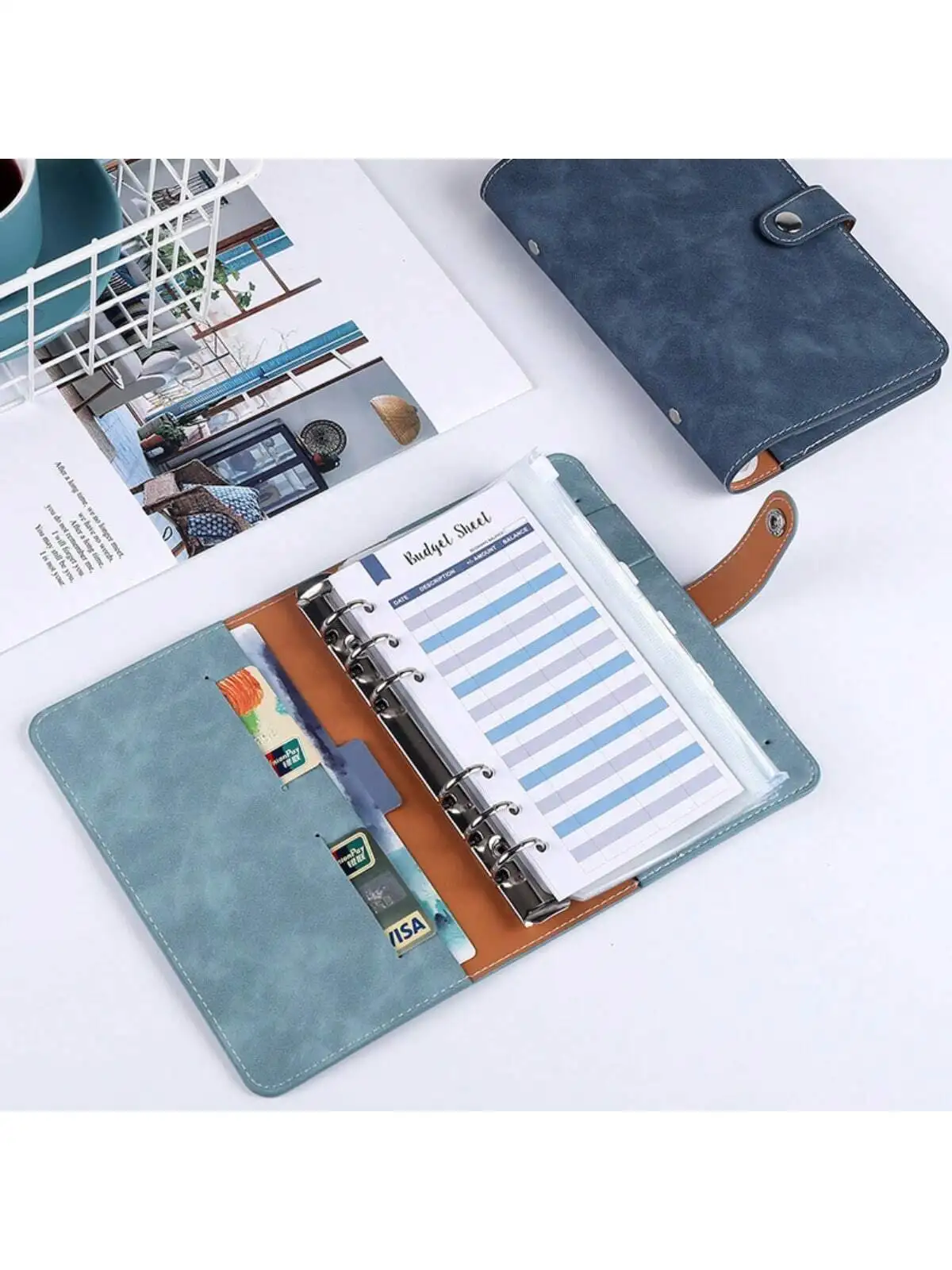 A6 Faux Leather Button Closure Loose Leaf Binder With Cash Envelope Pockets & Replacement Storage Bag ,Used for Bookkeeping, Sav 3