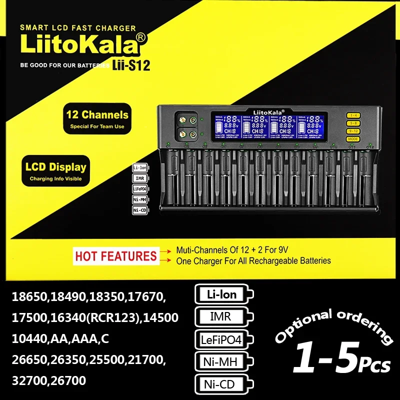 

1-5PCS LiitoKala Lii-S12 12-Slot 18650 Battery Charger For 20700 26650 21700 14500 10440 16340 1.2V 3.7V